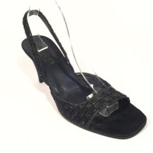 Gucci Black Satin Crystal Beaded Open Toe Heels